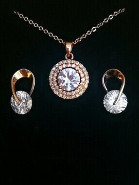 Rose Gold Tone And Lab Diamond Pendant Necklace & Stud Earring Set